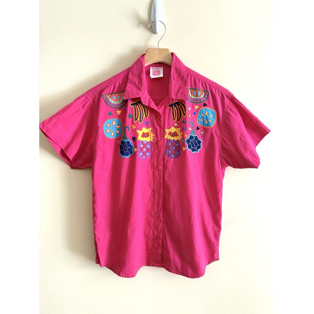 My Name Is Panama Button Up Vintage Pink Hand Embroidered Funky Fruit Sz S 6